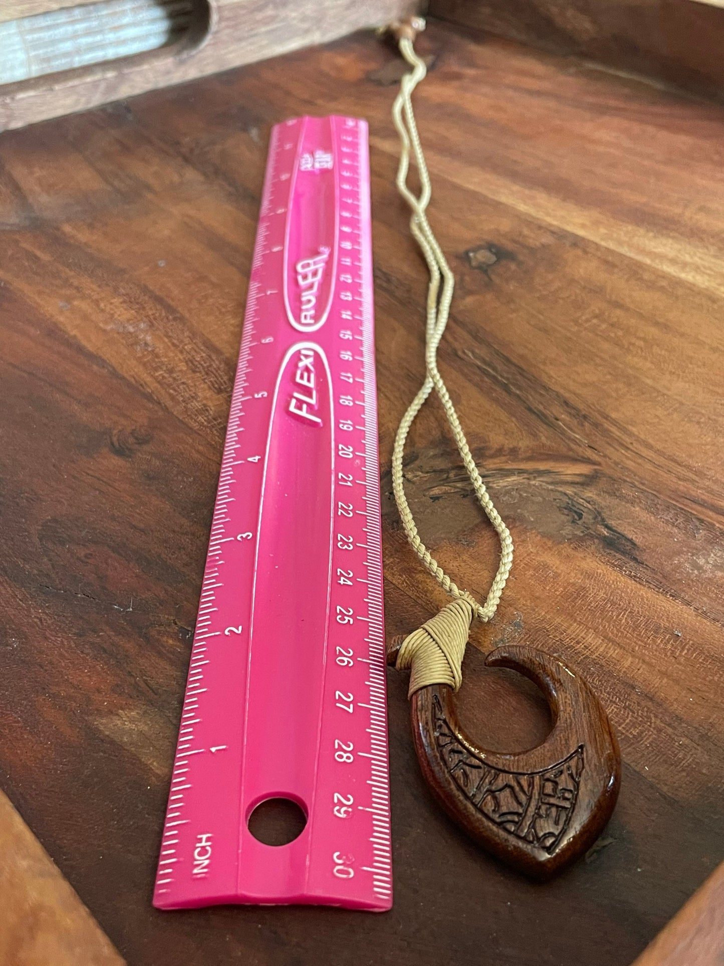 Hand Carved Koa Wood Makau Necklace, Polynesian Engraving