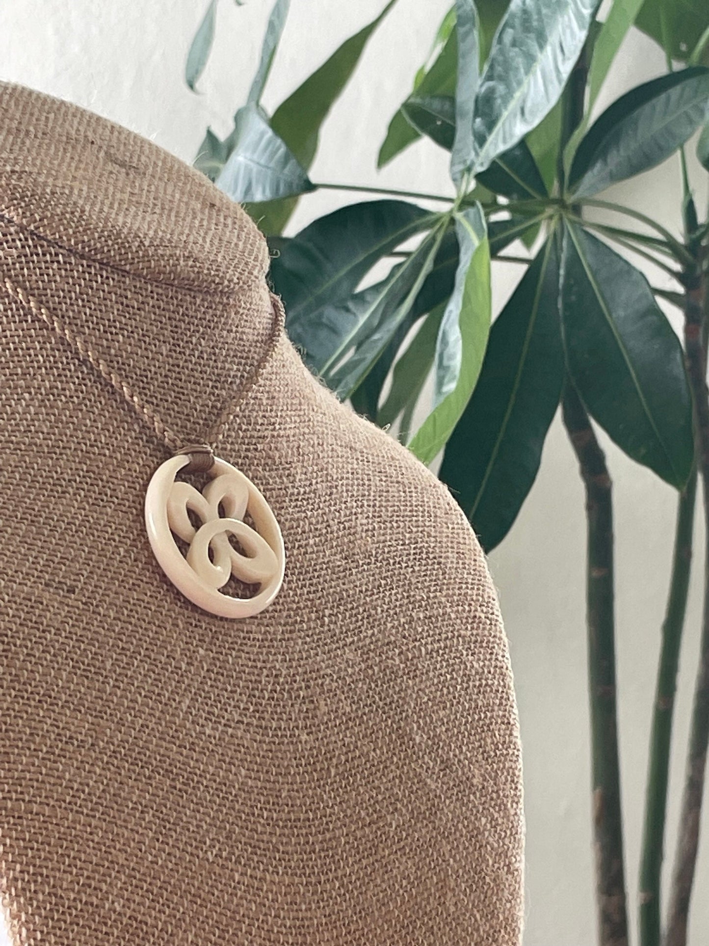 Hand Carved Buffalo Bone Polynesian Necklace – Adjustable Clover Pendant