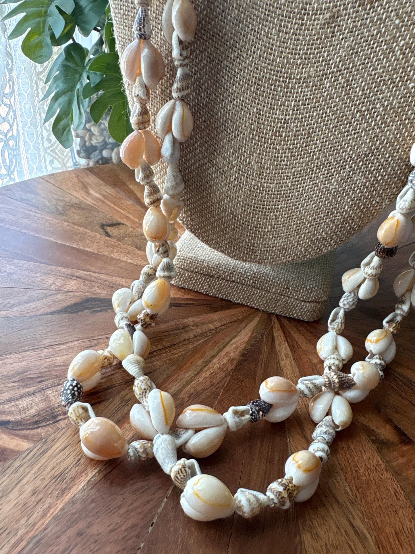 Hand Woven Ribbon Lei with Kukui Nut & Cowrie Shells