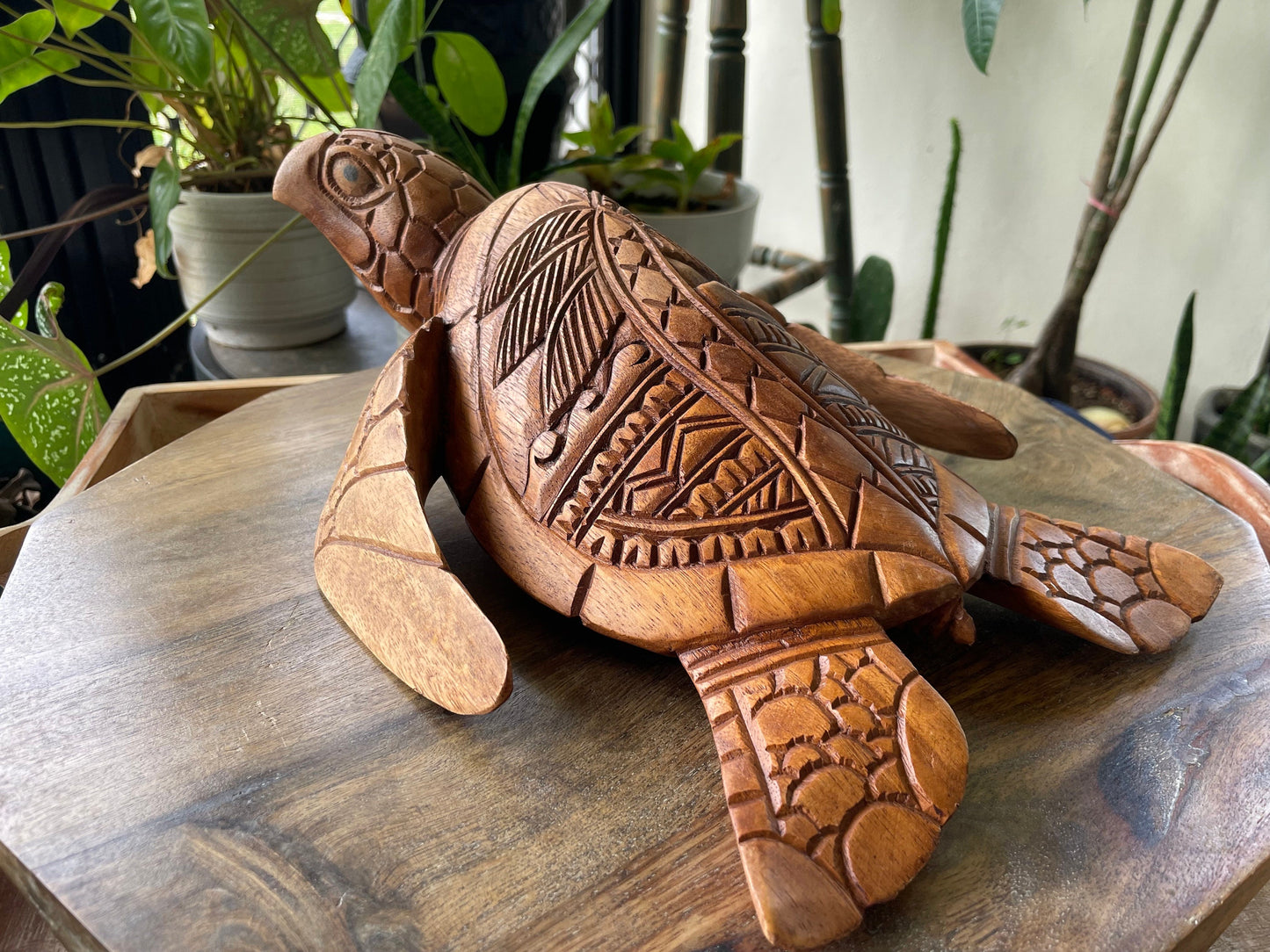 Hand Carved Wood Sea Turtle Decor, Tribal Palm Tree Design