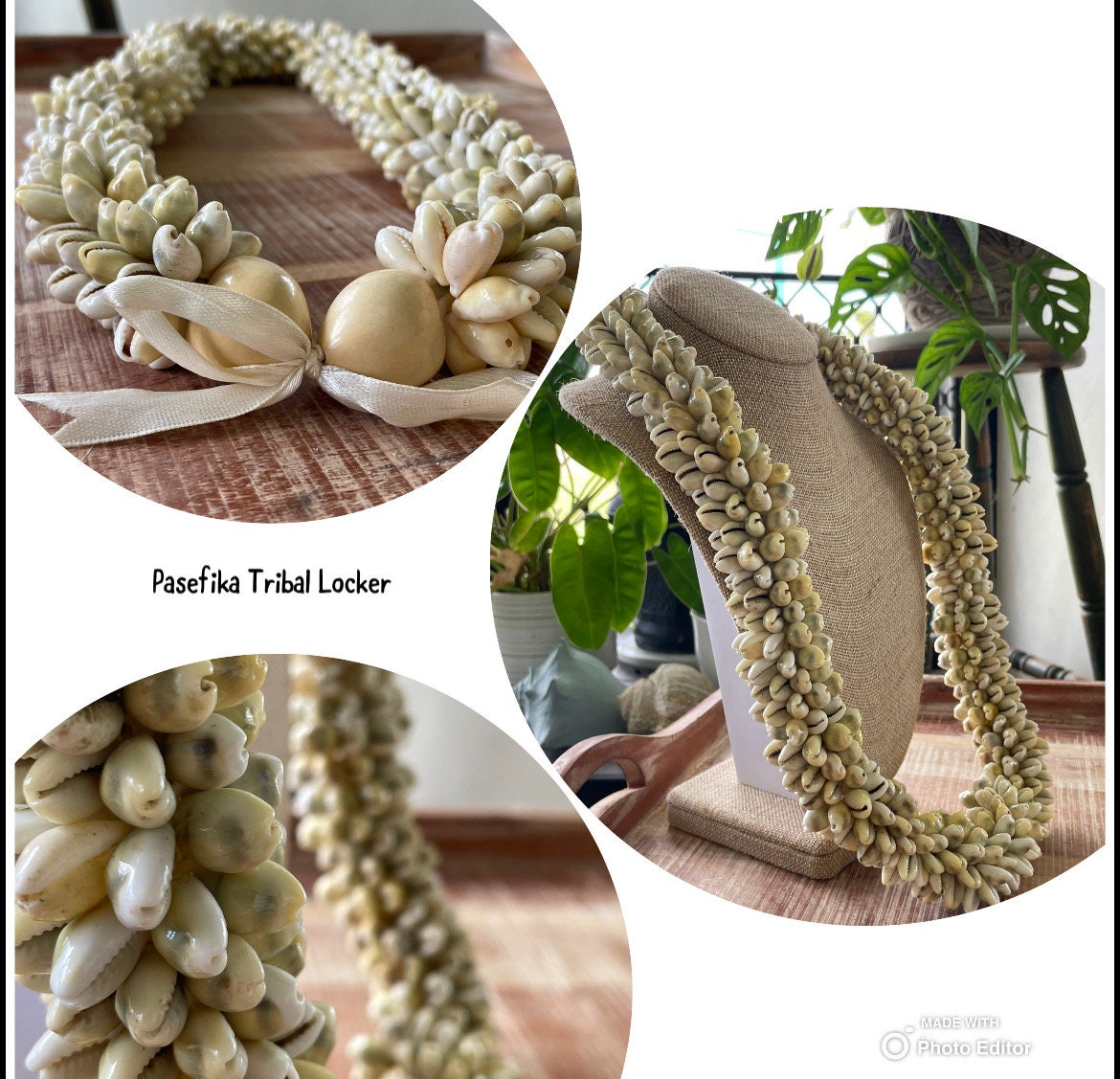 Authentic Cowerie Shell Lei, Natural Ribbon Tie Necklace, 30”