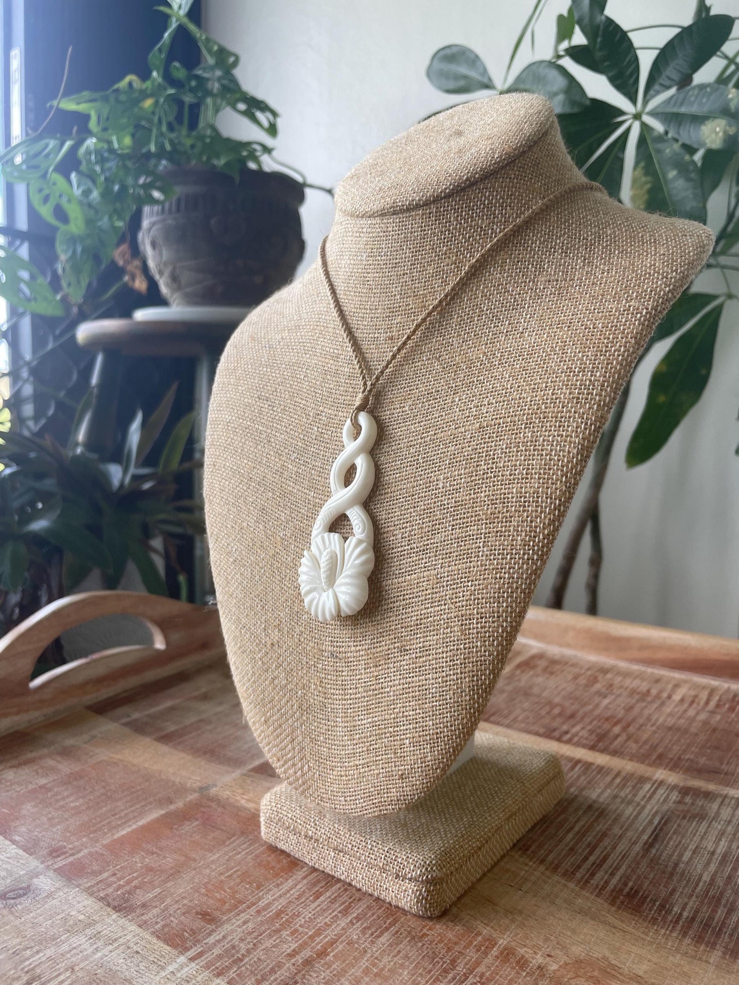 Hand Carved Bone Hibiscus Pendant Necklace - Adjustable Cord, Polynesian Jewelry