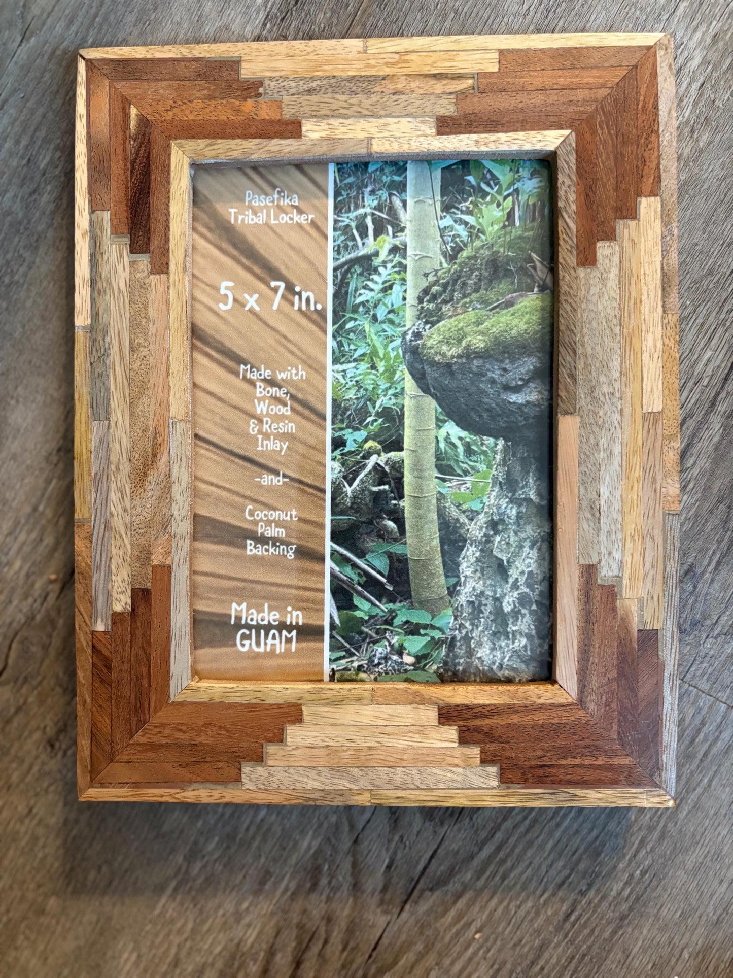 Polynesian Wood Inlay Picture Frame, Teak and Hibiscus, 5x7