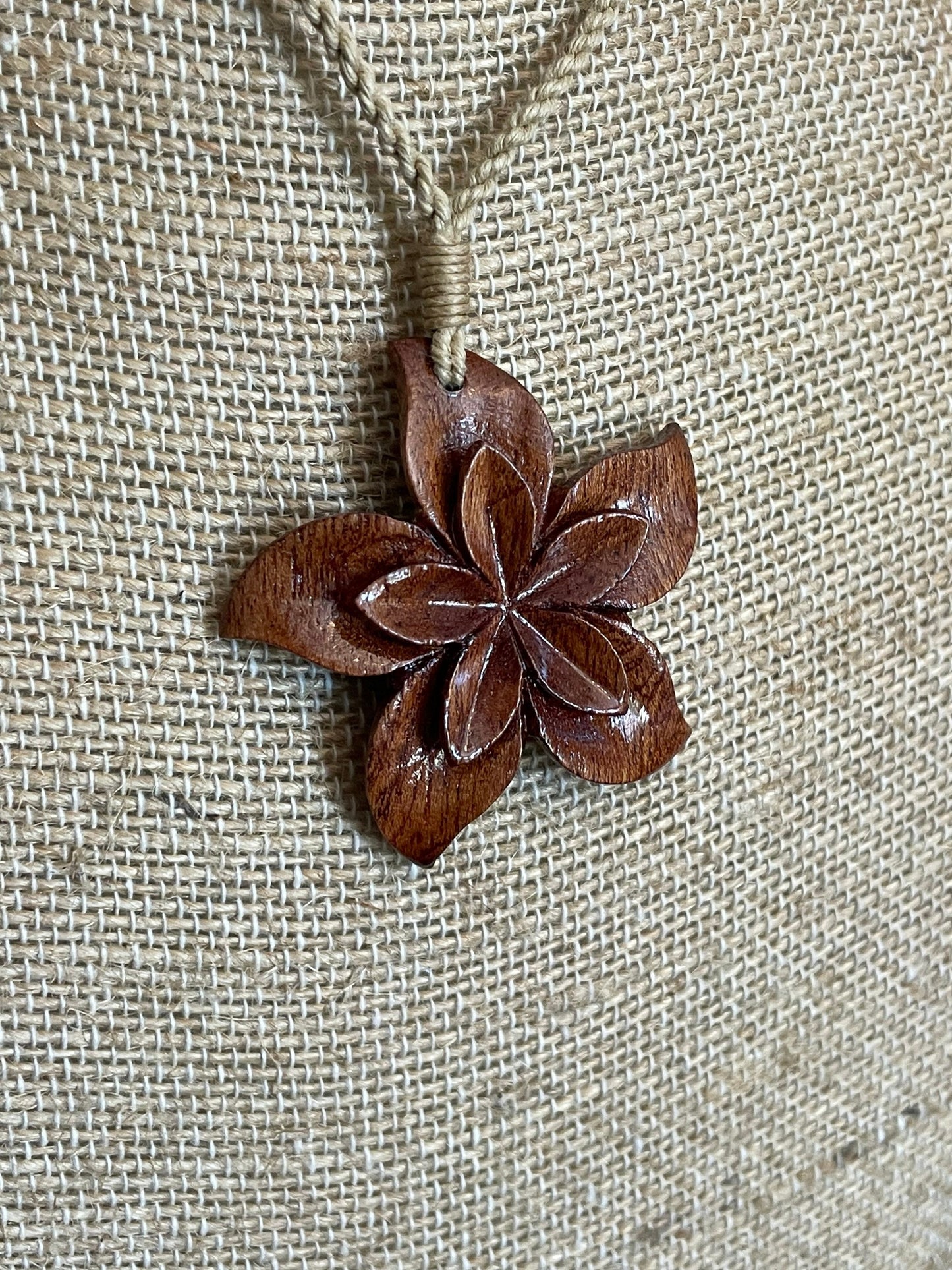 Hand Carved Koa Wood Plumeria Necklace - Adjustable Hemp Cord