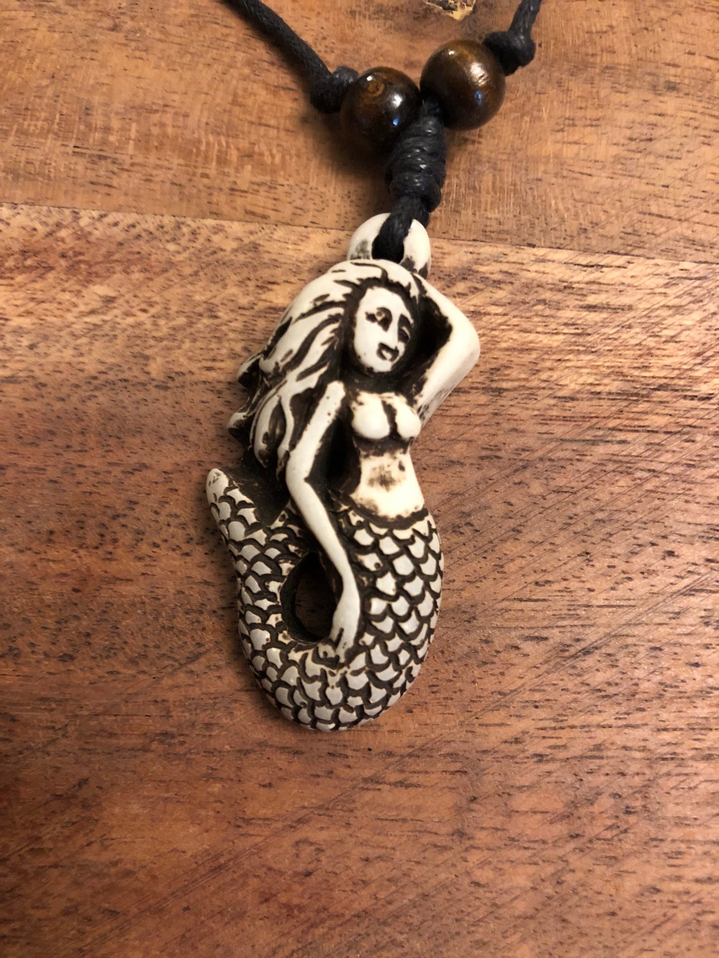 Bone & Resin Mermaid Pendant Necklace - Adjustable Surfer Cord