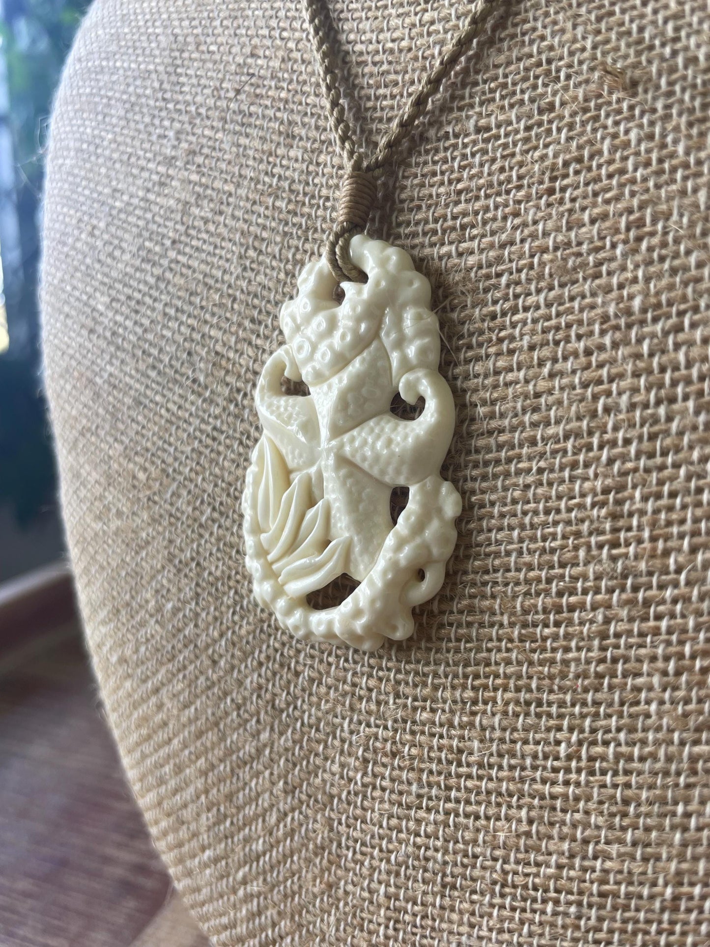 Hand Carved Buffalo Bone Starfish Pendant, Adjustable Surfer Cord