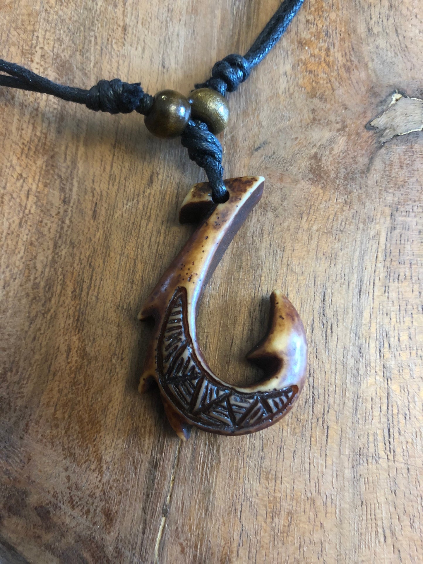 Polynesian Handcrafted Makau or Fish Hook Buffalo Bone & Resin Adjustable Necklace Beachy Boho Surfer