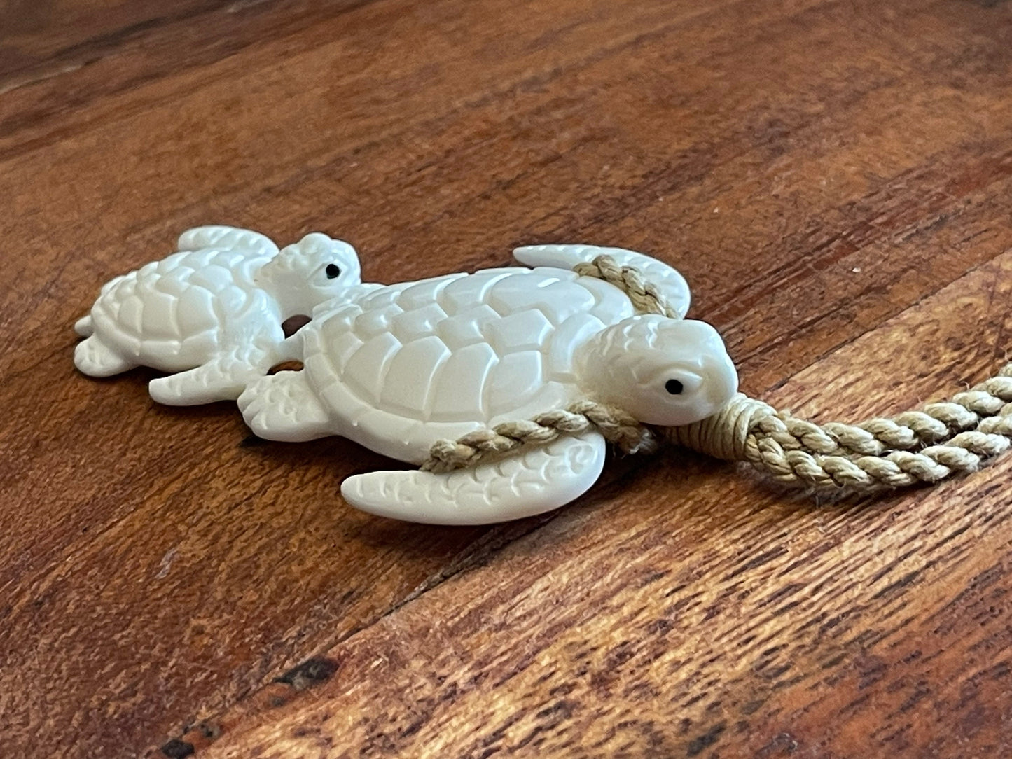 Sweet Pair of Polynesian Sea Turtles Carved from Solid Bone Adjustable Necklace