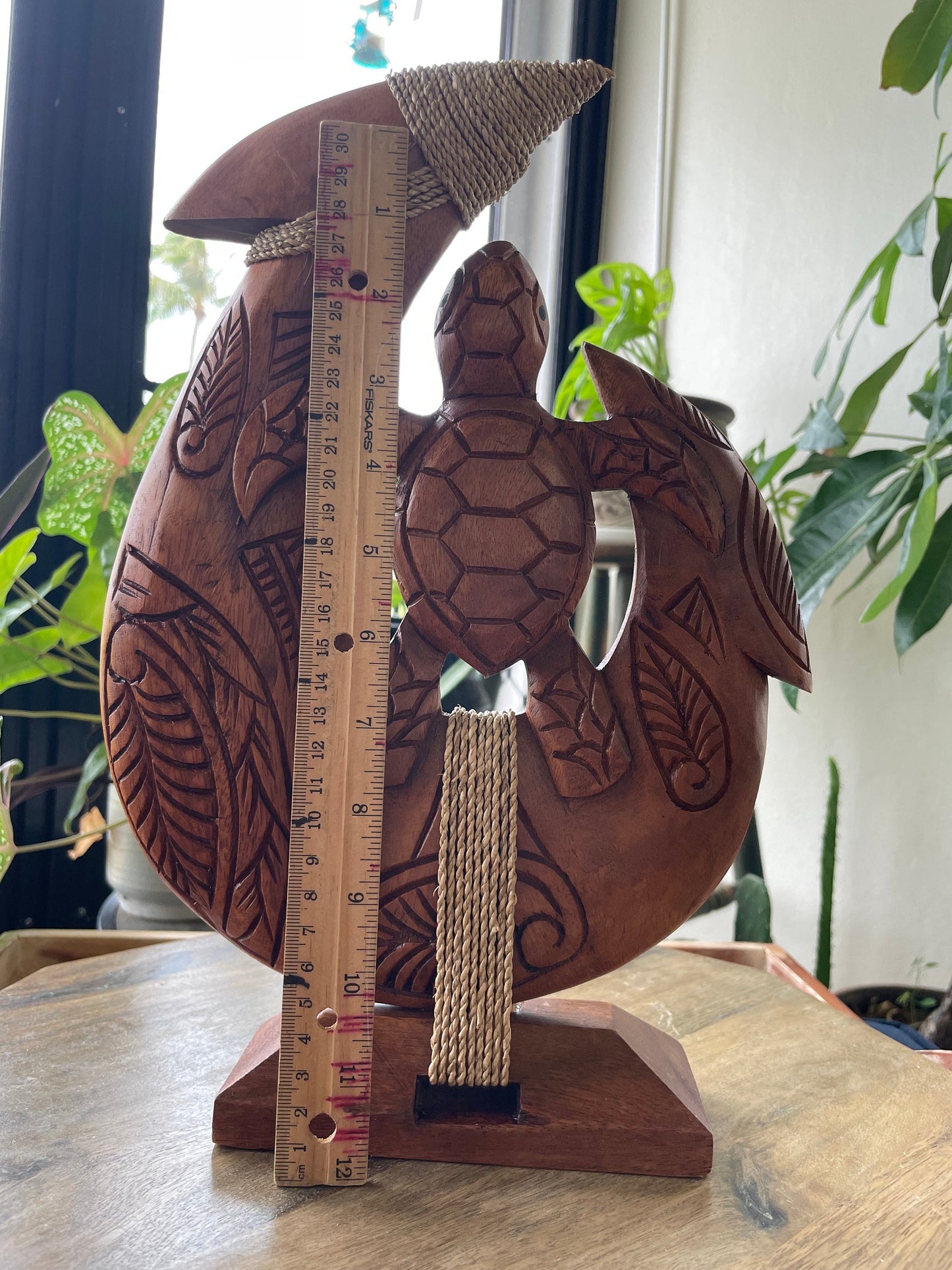Amazingly Detailed Solid Sea Hibiscus Wood- Hand-Carved Makau with Honu or Sea Turtle on a Base. Beautiful Tribal Designs