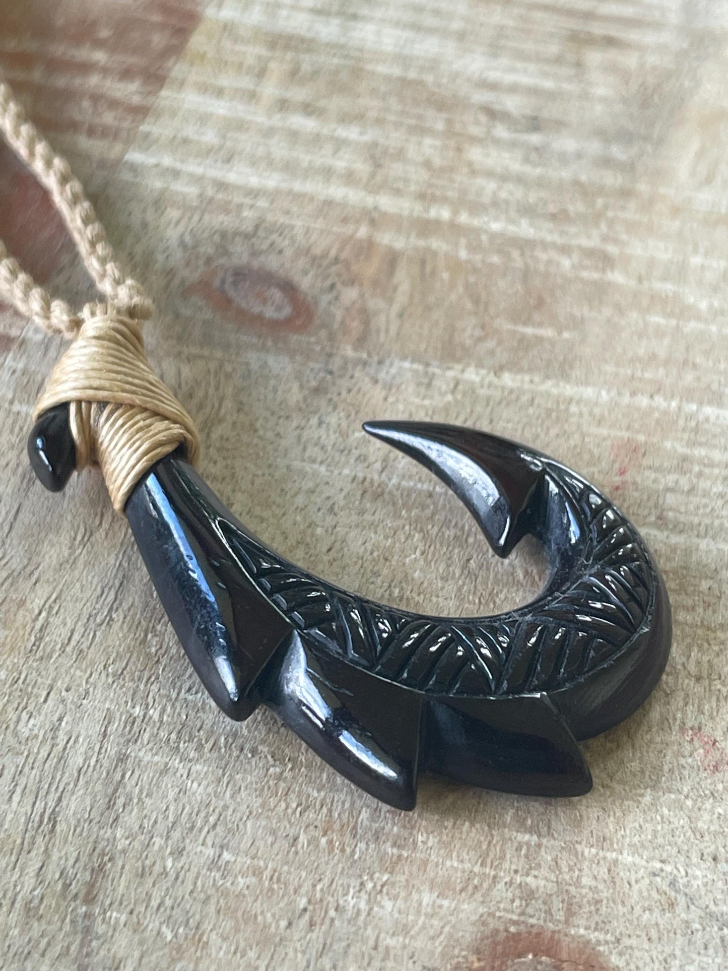 34” Solid Black Horn Handcarved Makau (Fish Hook) Necklace - Adjustable Surfer Cord