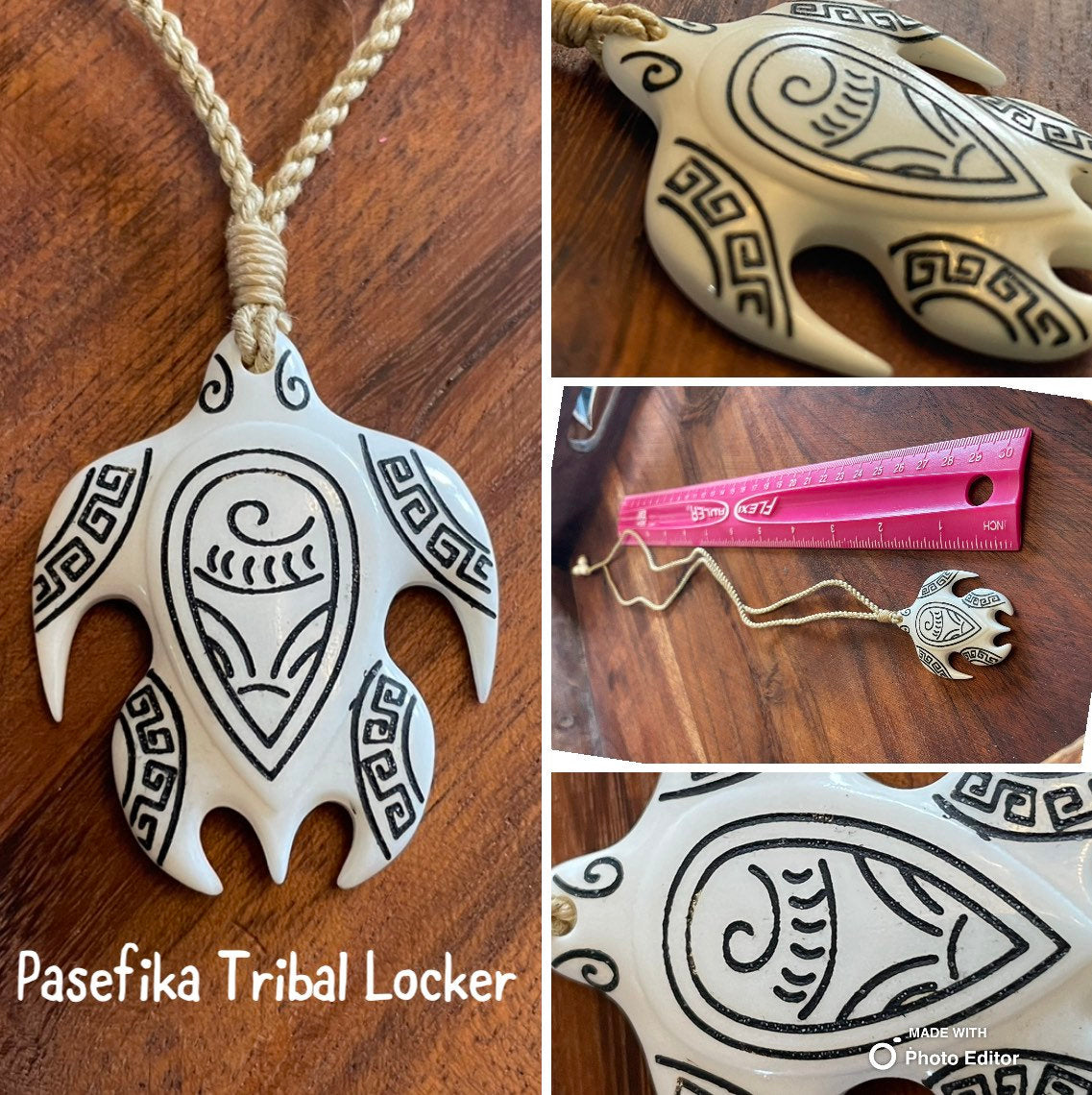Hand Carved Bone Sea Turtle Necklace, Polynesian Art