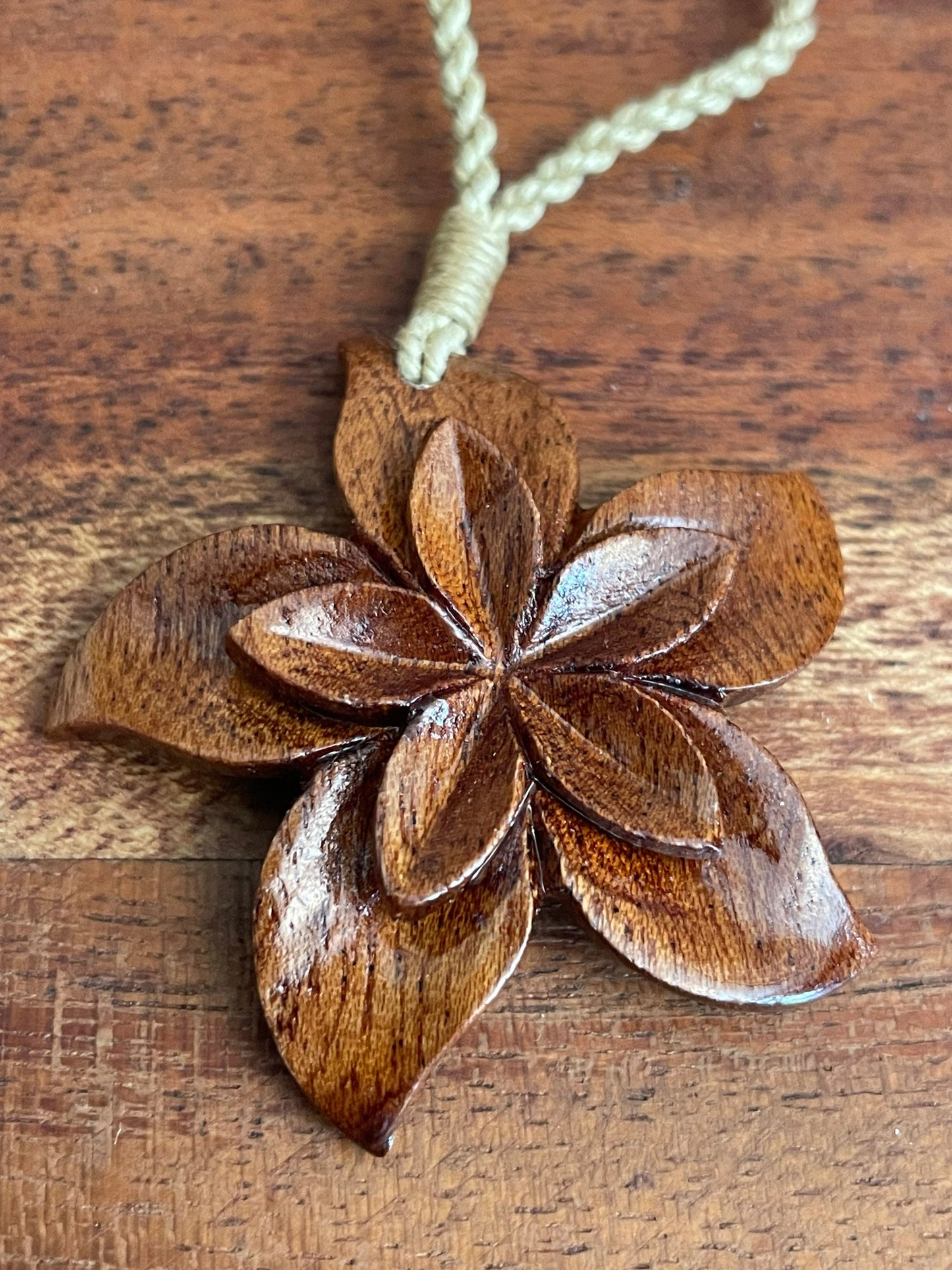 Hand Carved Koa Wood Plumeria Necklace - Adjustable Hemp Cord
