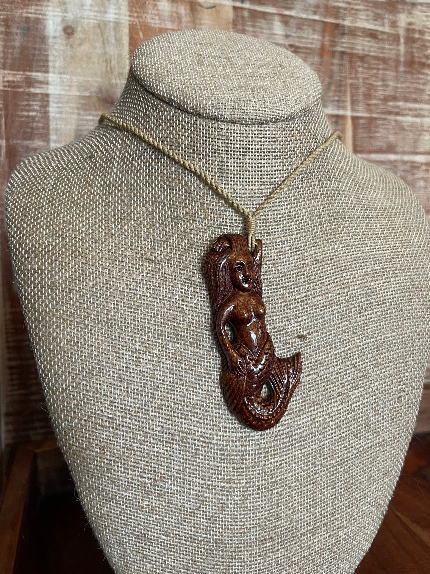 Hand Carved Koa Wood Mermaid Necklace – Adjustable Polynesian Jewelry