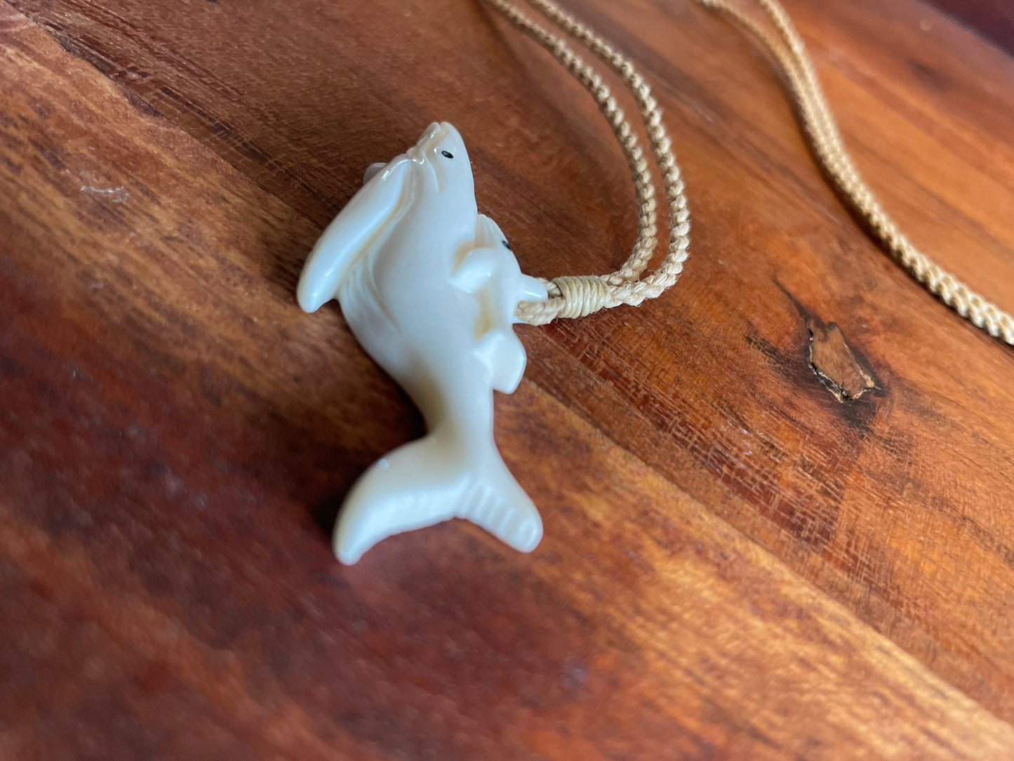Hand Carved Bone Whale Necklace, Polynesian Mother and Baby