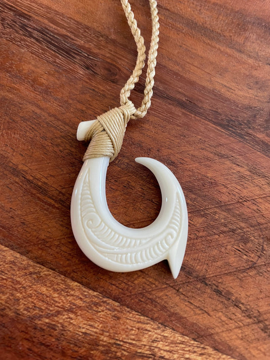 Polished Polynesian Solid Buffalo Bone Hei-Makau Fish Hook Adjustable Necklace