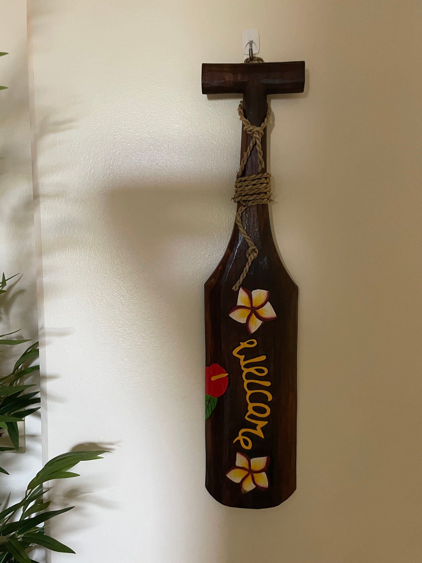 Hand Carved and Brightly Hand Painted Solid Wood Welcome Hawaiian Paddle Adorned with Flowers