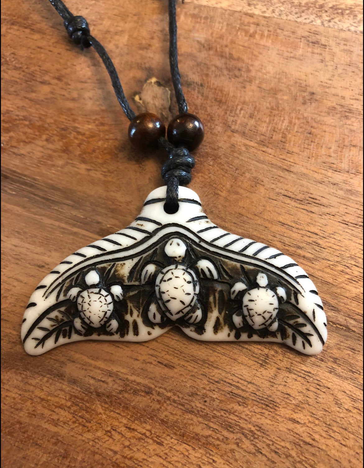 Bone Resin Whale Tail Necklace with Turtles, Adjustable Polynesian Surfer Style